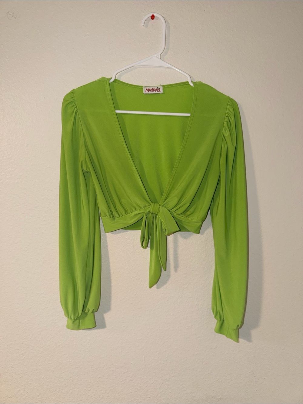 Madina Lime Tie-Front Long Sleeve Crop Top